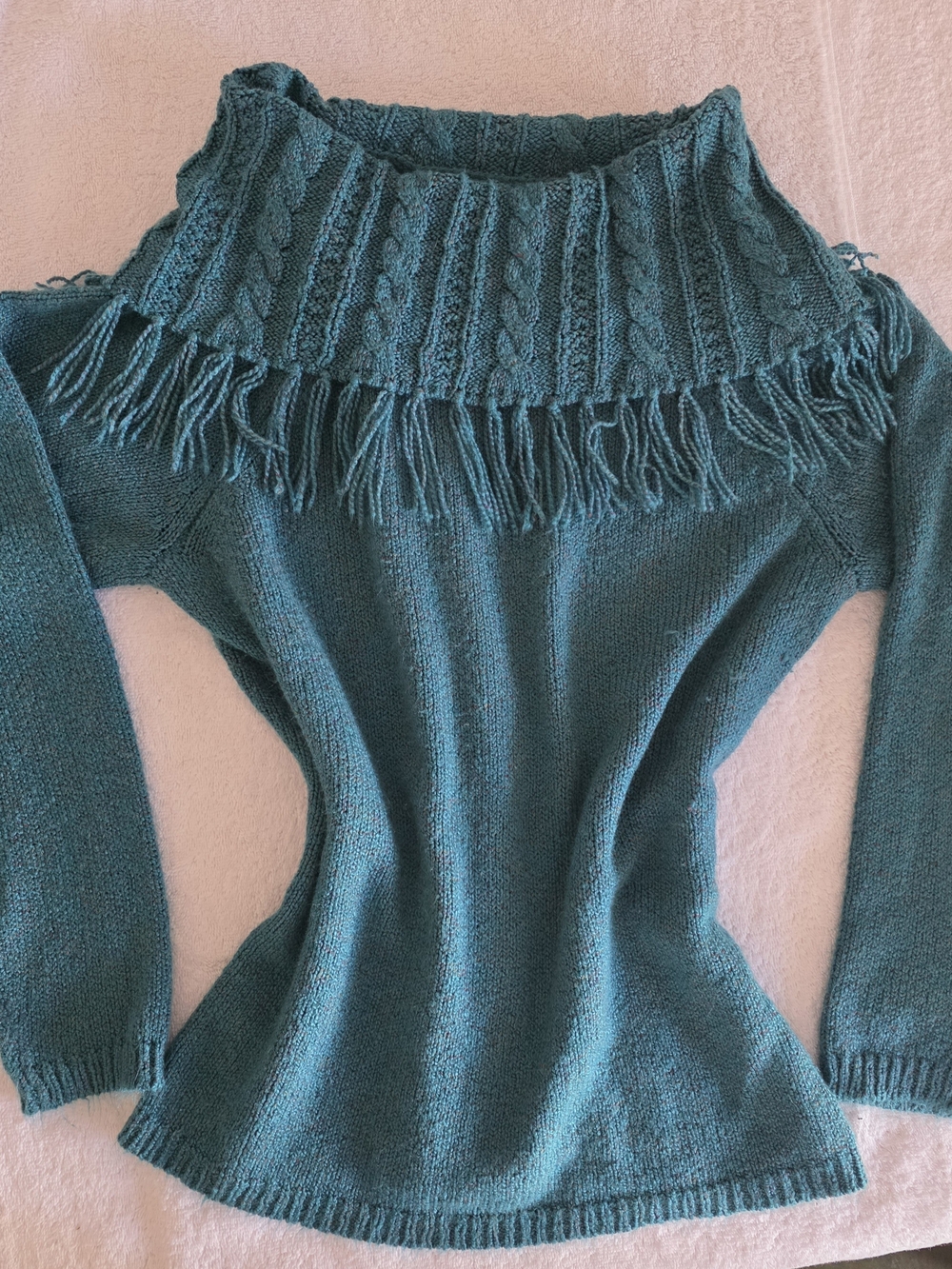 Christopher & Banks Teal Cable Knit Cowl Neck Sweater with Fringe